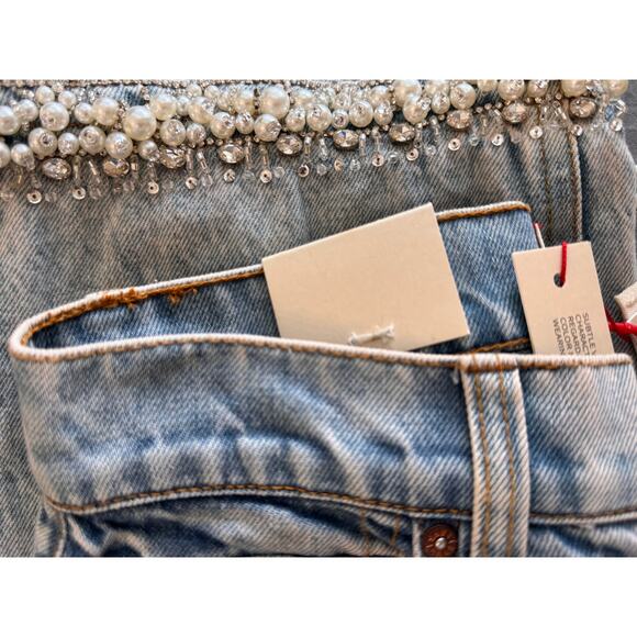 Alice + Olivia Women's Rockstar Blue Ora High Rise Embellished Jeans Size 24 - Picture 10 of 15